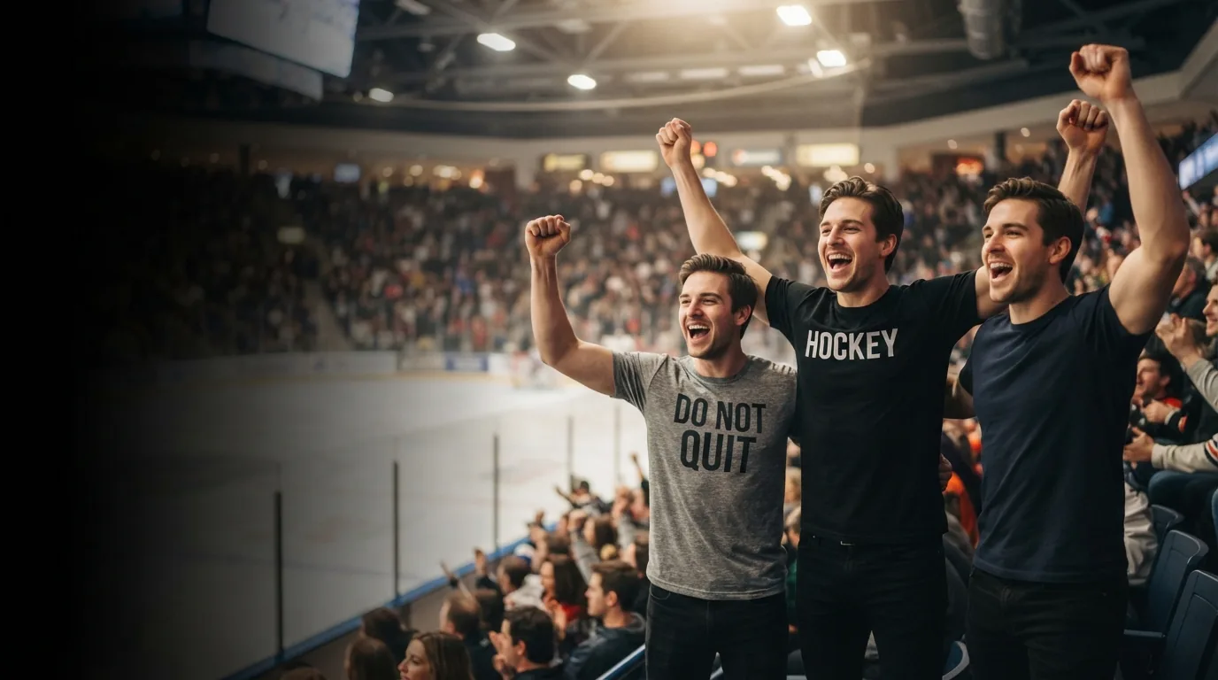 Three friends cheering at a hockey game in Hockey and Do Not Quit tees