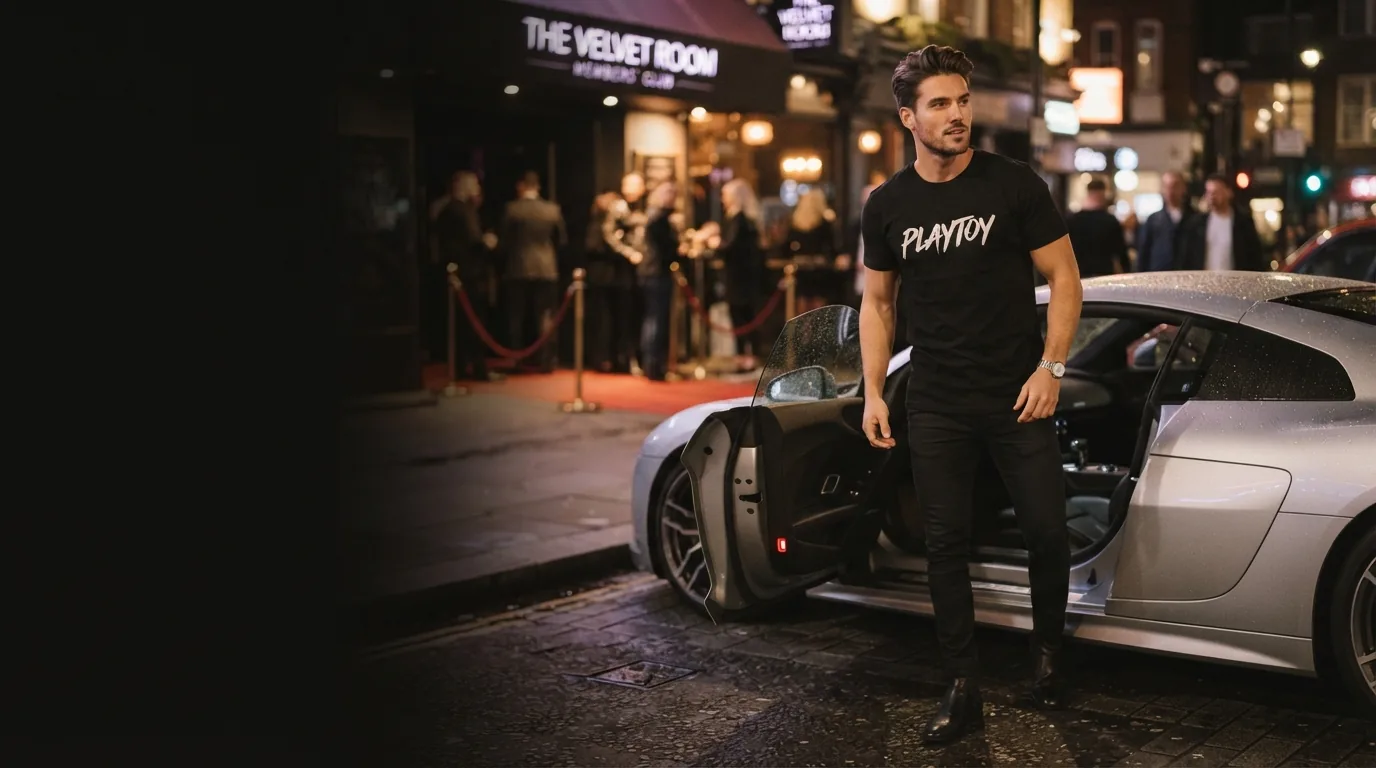 A model stepping out of a sports car outside a night club in a Playtoy tee