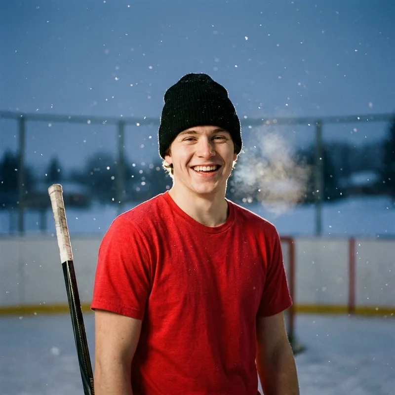 A man in a toque and red tee holding a hockey stick in the snow