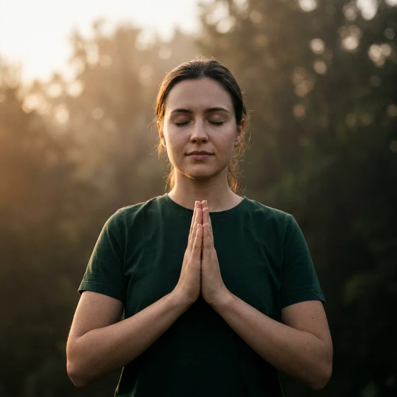A woman with her palms pressed together at sunrise