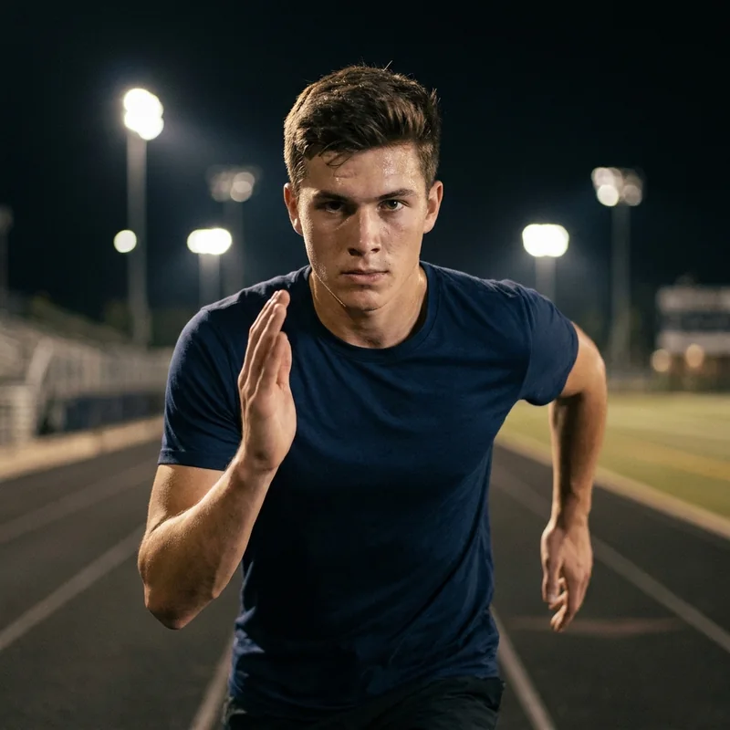 A runner mid-stride on a floodlit track