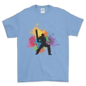 Cricket tee in pale blue with a colour-splash batsman print