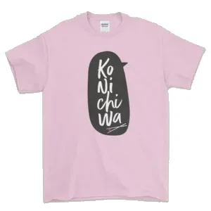 Ko Ni Chi Wa tee in pink with a speech-bubble print