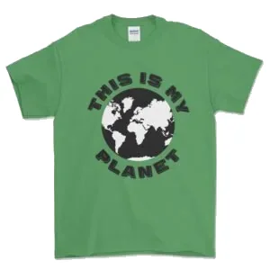 This Is My Planet tee in green with a globe print